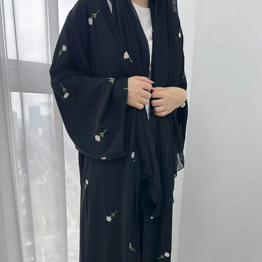 Abaya-Cardigan noir brodé : tenue islamique turque luxe