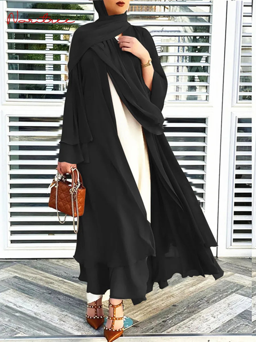 Abaya-Kimono mousseline soie ceinture femme : mode musulmane Dubai