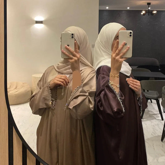 Abaya Robe Hijab Satin Luxe Dubaï Diamants Turquie - Tenue Soirée Kaftan Islamique