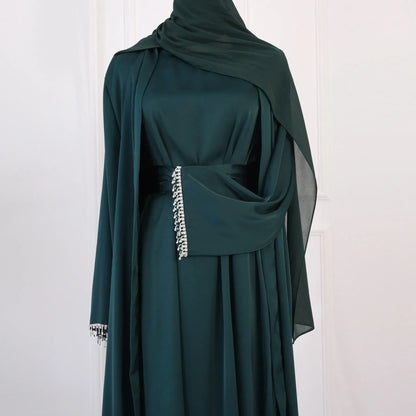 Abaya Robe Hijab Satin Luxe Dubaï Diamants Turquie - Tenue Soirée Kaftan Islamique