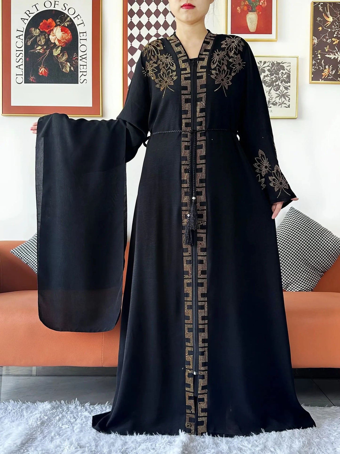 Abaya-Robe d'été élégante : mousseline de soie, manches longues