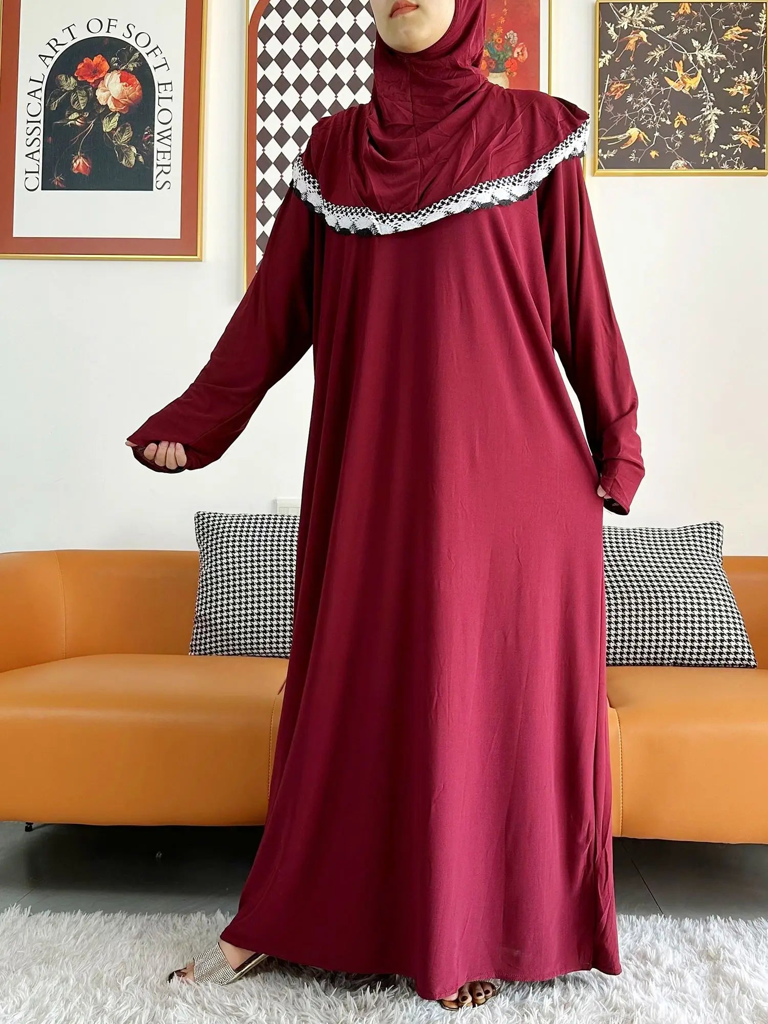 Abaya-Robe florale coton uni - Vêtement prière Ramadan 2023