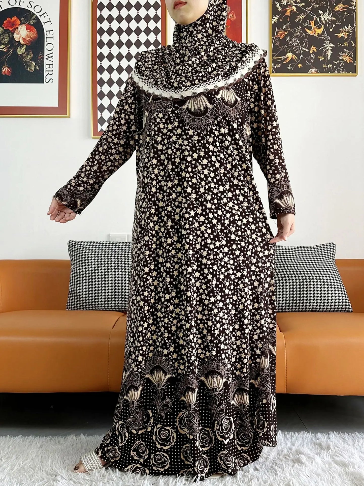 Abaya-Robe florale coton uni - Vêtement prière Ramadan 2023