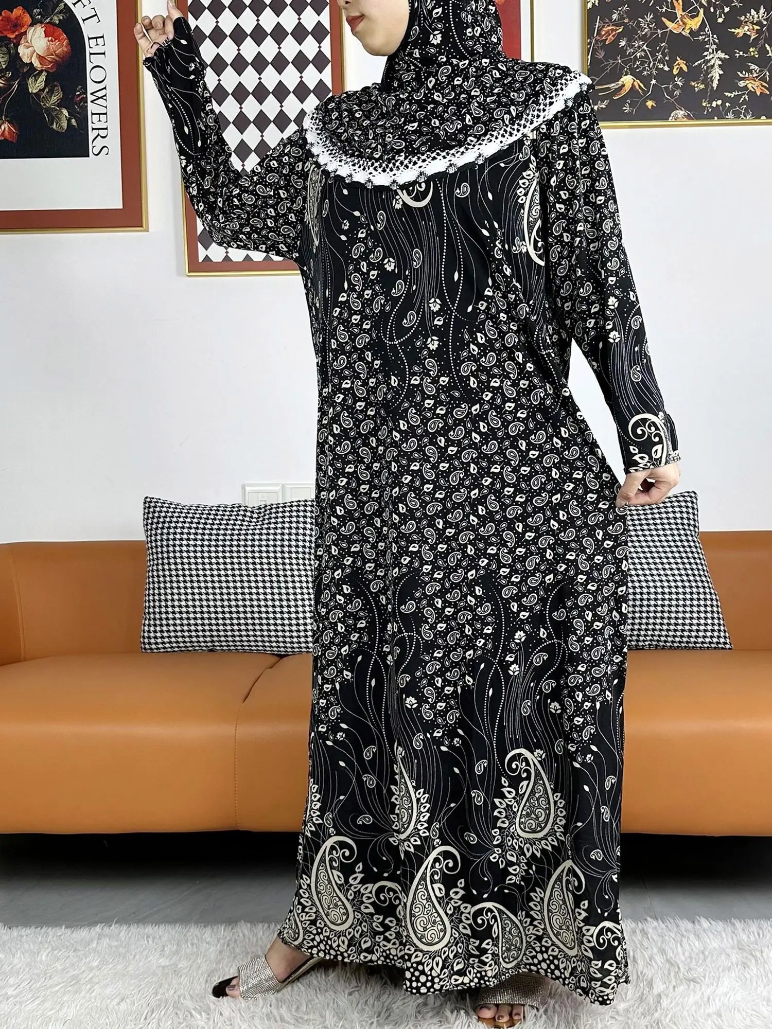 Abaya-Robe florale coton uni - Vêtement prière Ramadan 2023