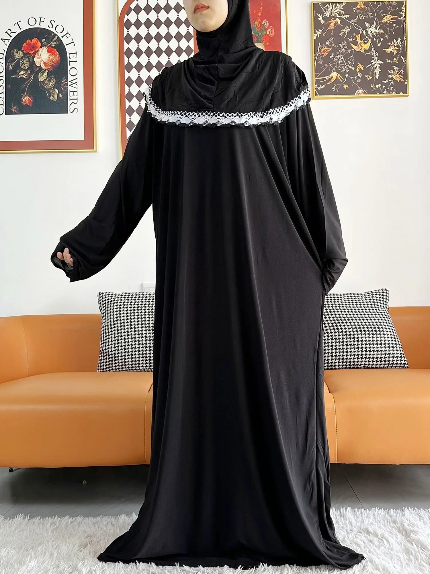 Abaya-Robe florale coton uni - Vêtement prière Ramadan 2023