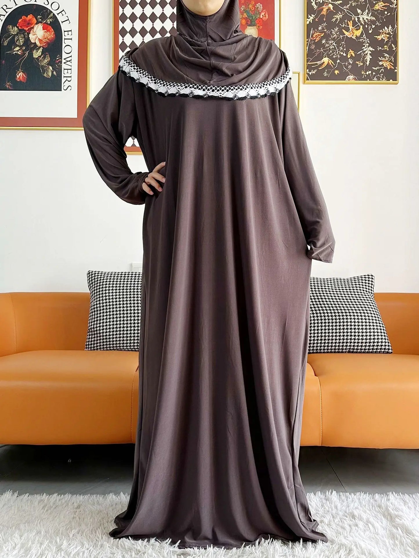 Abaya-Robe florale coton uni - Vêtement prière Ramadan 2023