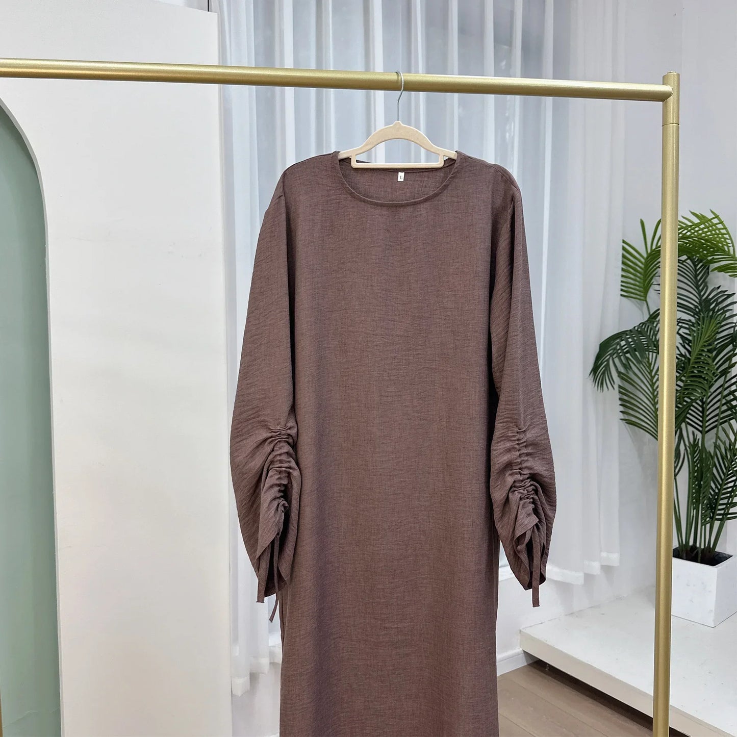 Robe turque à manches froncées pour femmes, style caftan décontracté, tissu froissé fin