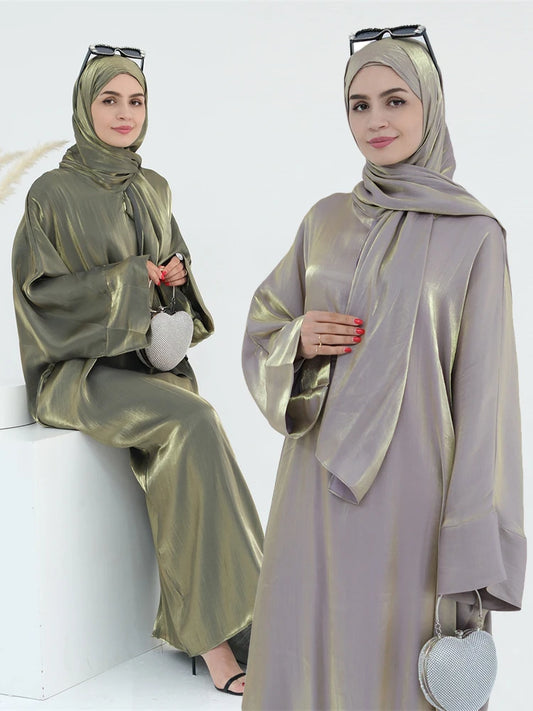 Abaya en satin pour femme, robe musulmane de luxe & hijab - collection Dubai 2024