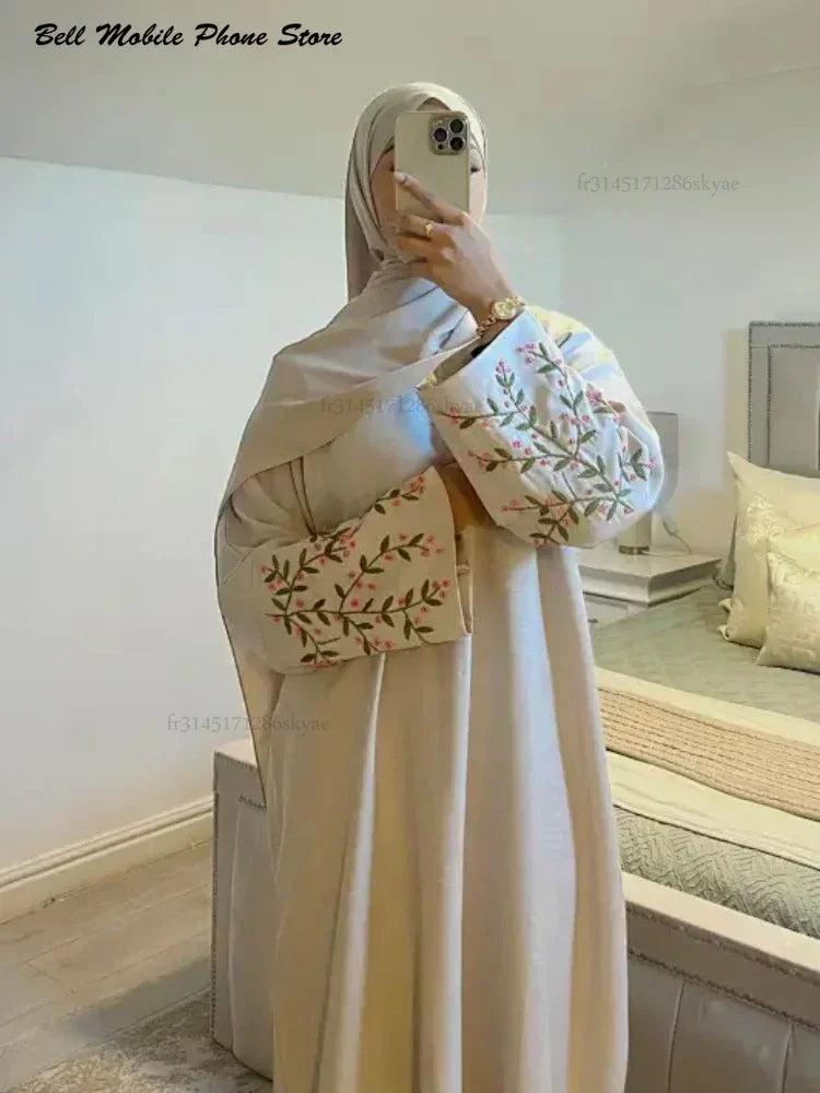 Abaya en lin de coton brodé - hijab turc Dubaï, caftan Ramadan - robe décontractée