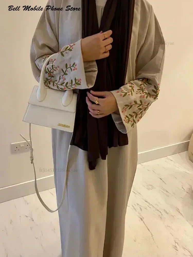 Abaya en lin de coton brodé - hijab turc Dubaï, caftan Ramadan - robe décontractée