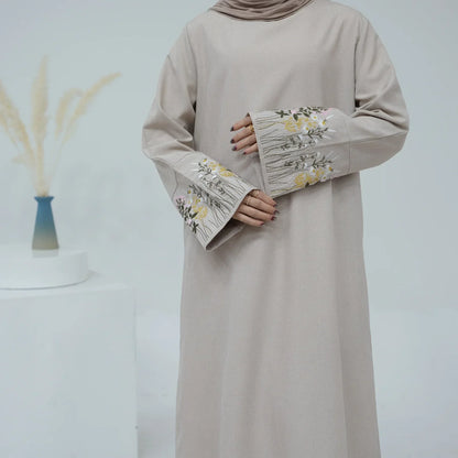 Abaya en lin de coton brodé - hijab turc Dubaï, caftan Ramadan - robe décontractée