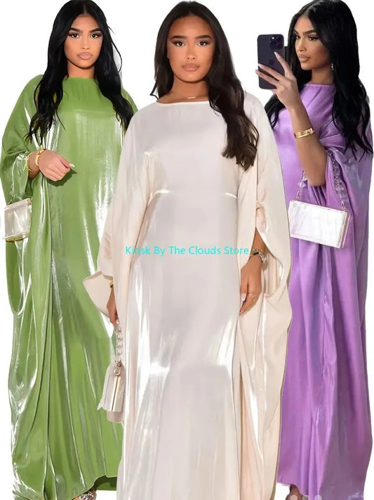 Robe longue Satin Brillant Abaya Aile Chauve-souris Islamique Luxe Dubai ete 2024