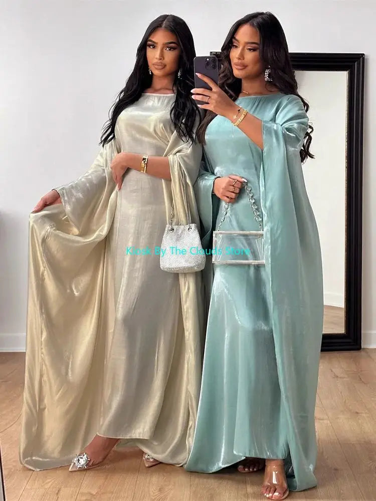 Robe longue Satin Brillant Abaya Aile Chauve-souris Islamique Luxe Dubai ete 2024