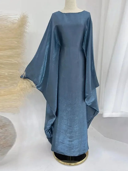 Robe longue Satin Brillant Abaya Aile Chauve-souris Islamique Luxe Dubai ete 2024