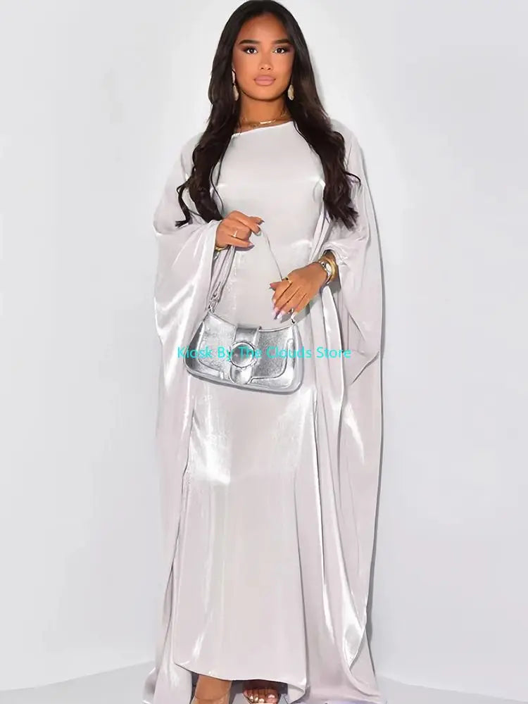 Robe longue Satin Brillant Abaya Aile Chauve-souris Islamique Luxe Dubai ete 2024