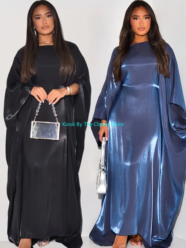 Robe longue Satin Brillant Abaya Aile Chauve-souris Islamique Luxe Dubai ete 2024