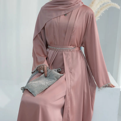 Abaya en satin perlé rose de luxe pour mariage et soirée