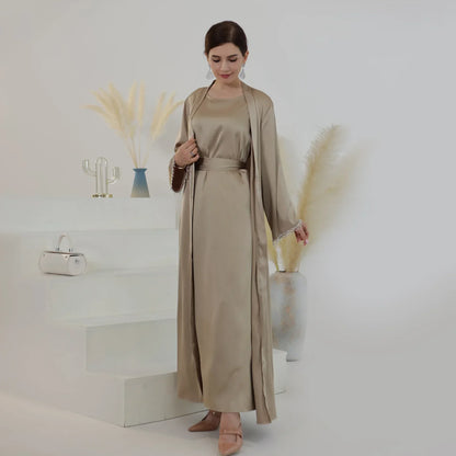 Abaya en satin perlé rose de luxe pour mariage et soirée