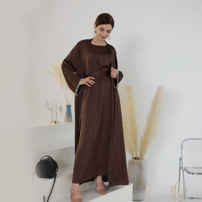 Abaya en satin perlé rose de luxe pour mariage et soirée