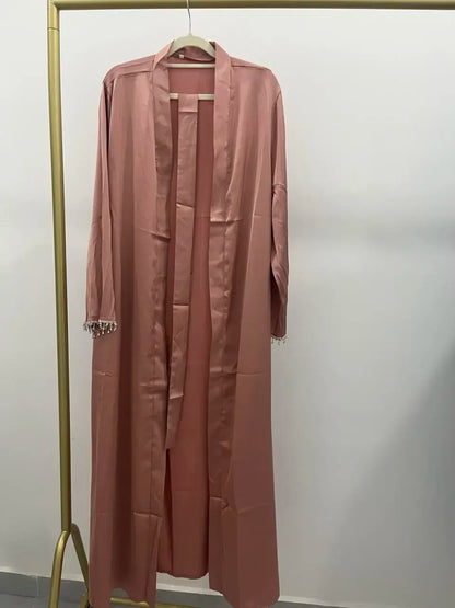 Abaya en satin perlé rose de luxe pour mariage et soirée