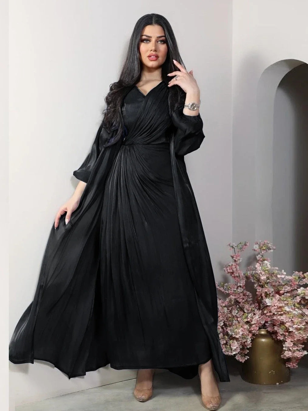 Robe de soirée satinée pour femmes - Caftan Eid, Dubaï, éducative