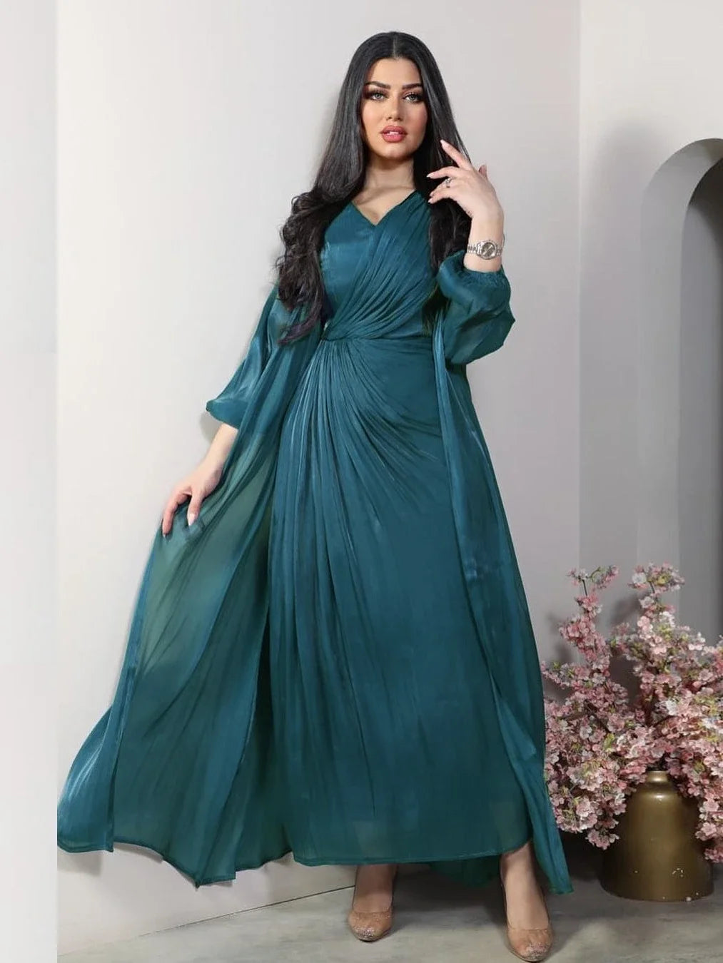 Robe de soirée satinée pour femmes - Caftan Eid, Dubaï, éducative