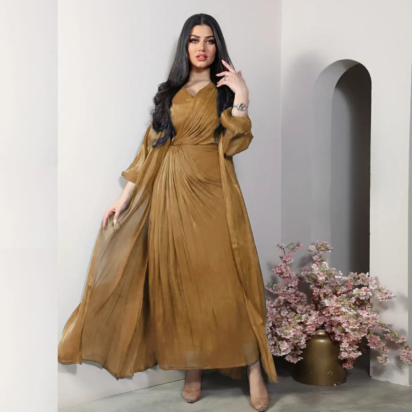 Robe de soirée satinée pour femmes - Caftan Eid, Dubaï, éducative