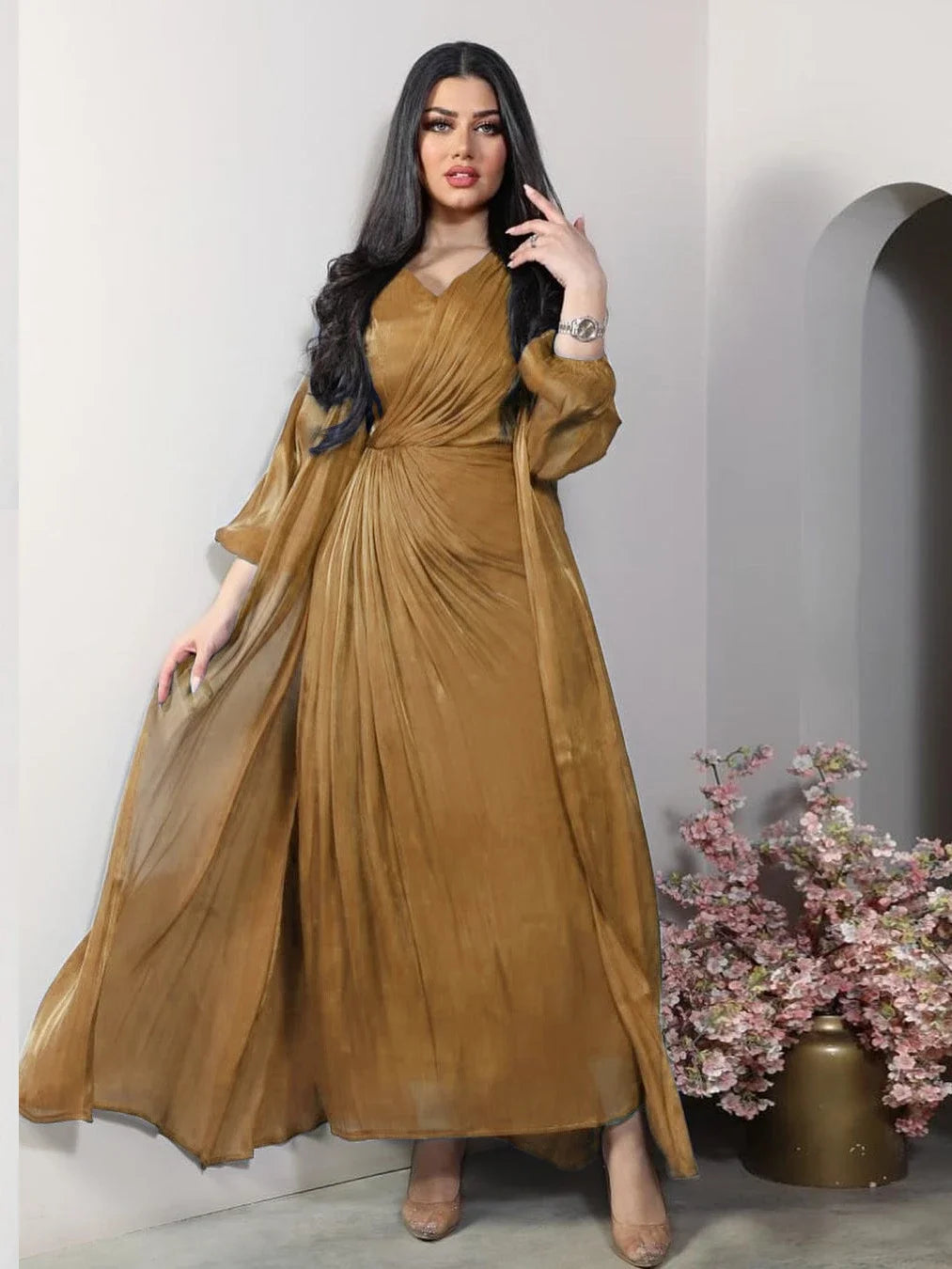 Robe de soirée satinée pour femmes - Caftan Eid, Dubaï, éducative