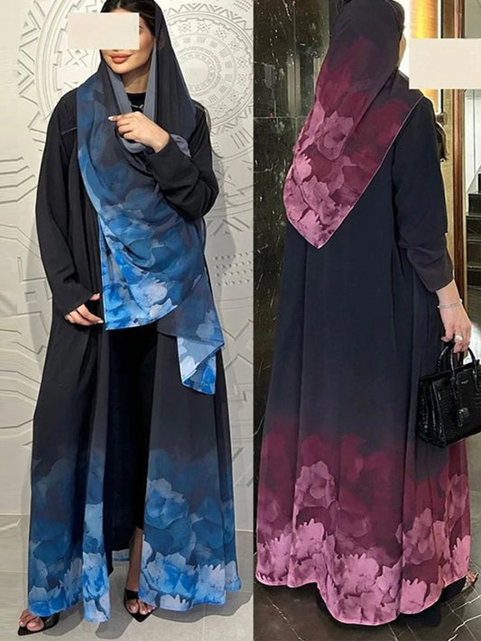 Abaya imprimée avec écharpe - Ensemble 2 pièces pour femmes musulmanes