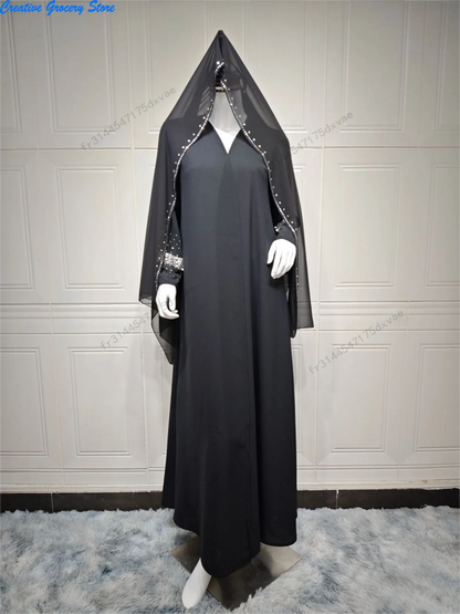 Abaya musulmane avec écharpe et perles de diamant - Robes de soirée élégantes