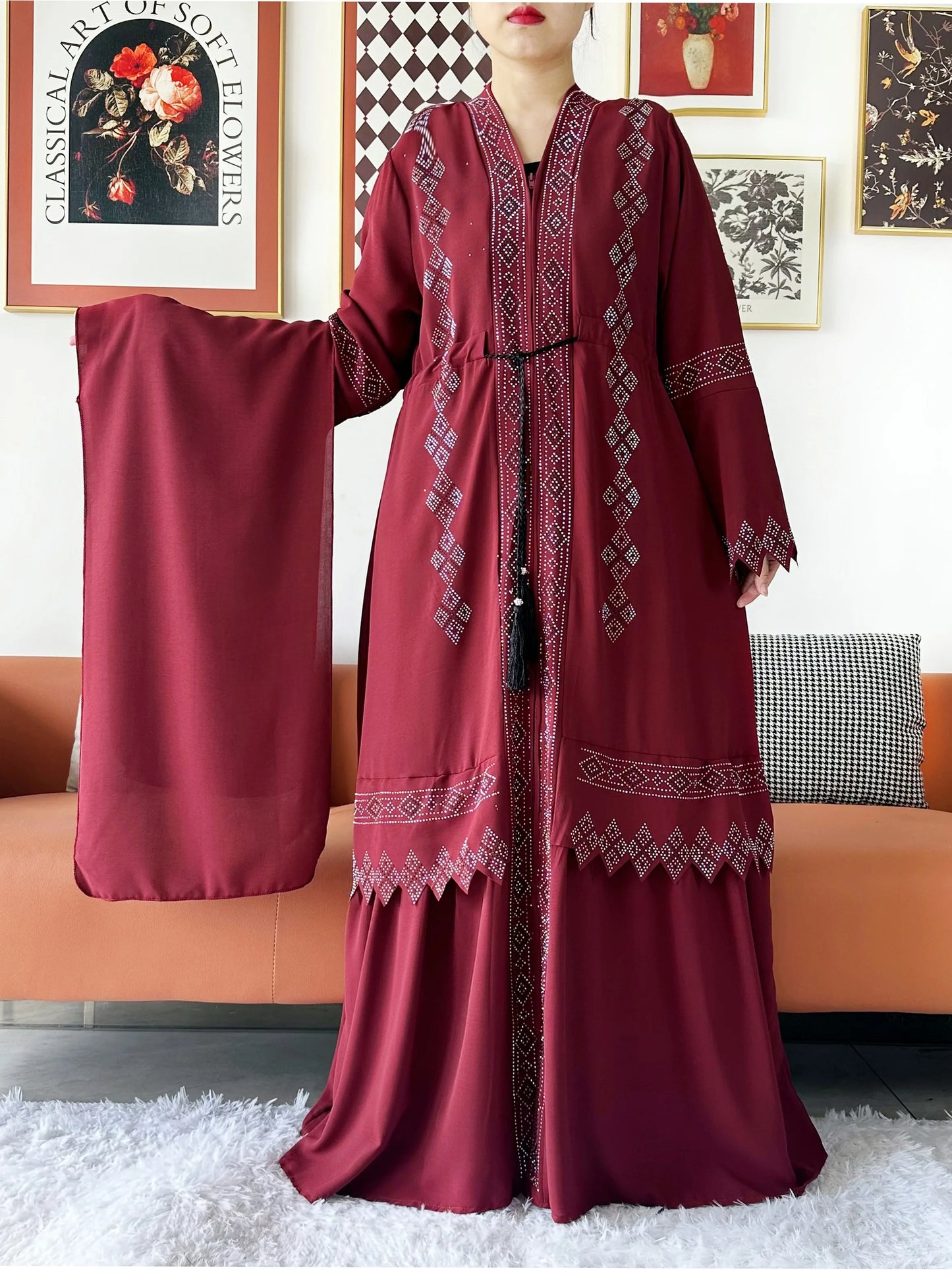 Abaya ouverte en mousseline de soie pour femmes musulmanes