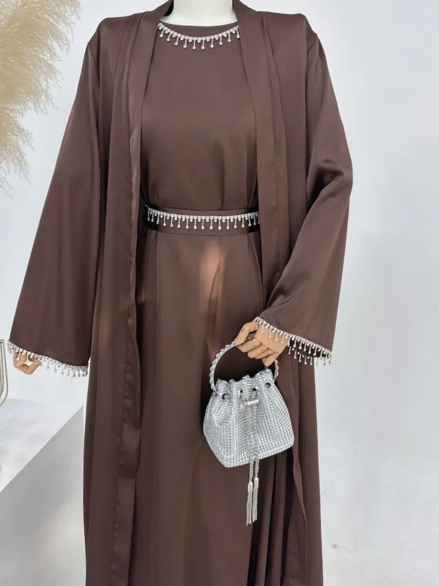 Abayas de Soirée en Satin Soyeux pour Femme - Ensemble 2 Pièces Ramadan