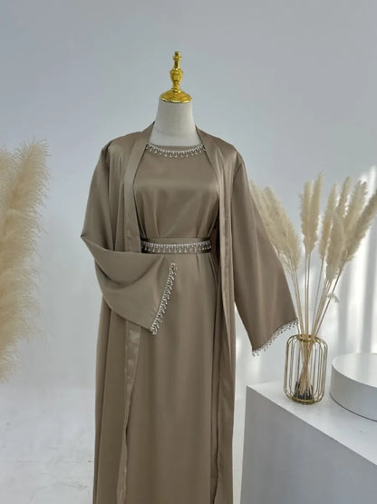 Abayas de Soirée en Satin Soyeux pour Femme - Ensemble 2 Pièces Ramadan