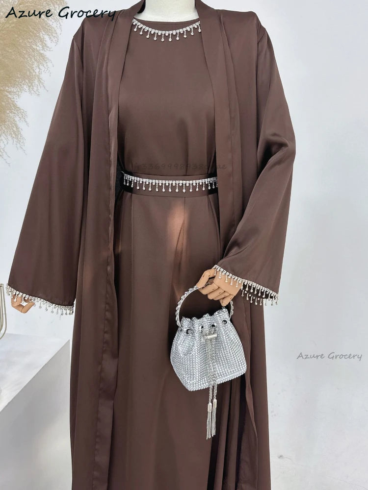 Abayas de Soirée en Satin Soyeux pour Femme - Ensemble 2 Pièces Ramadan