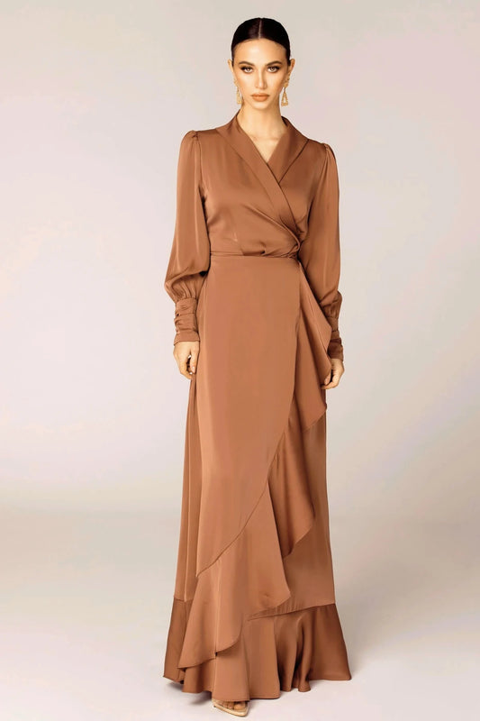 Abaya en satin à volants pour femme : robe ronde ceinturée