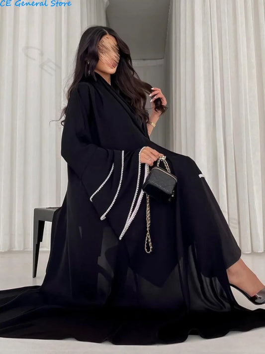 Abayas noires à manches évasées avec perles | Abayas Jalabiya, Caftan marocain, Robe éducative, Robe de ramadan Dubai, Cardigan fête Eid