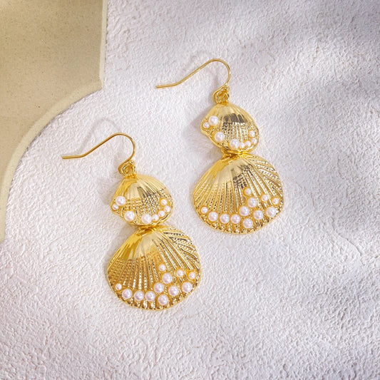 Boucles d'Oreilles Créatives en Or pour Femme, Bijoux Plage Texture Géométrique Coquillage Ete