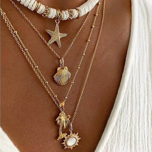 Collier plage vintage, étoile mer, pendentif coquillage