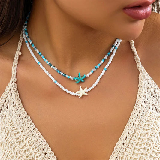 Collier perles tortue étoile de mer ras du cou vintage plage femme