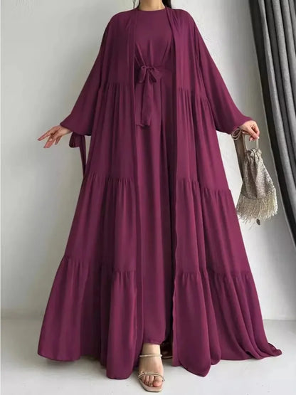 Ensemble 2 pièces robes modestes manteau long ceintures dubaï saoudien marocain onFocus abayas Ramadan