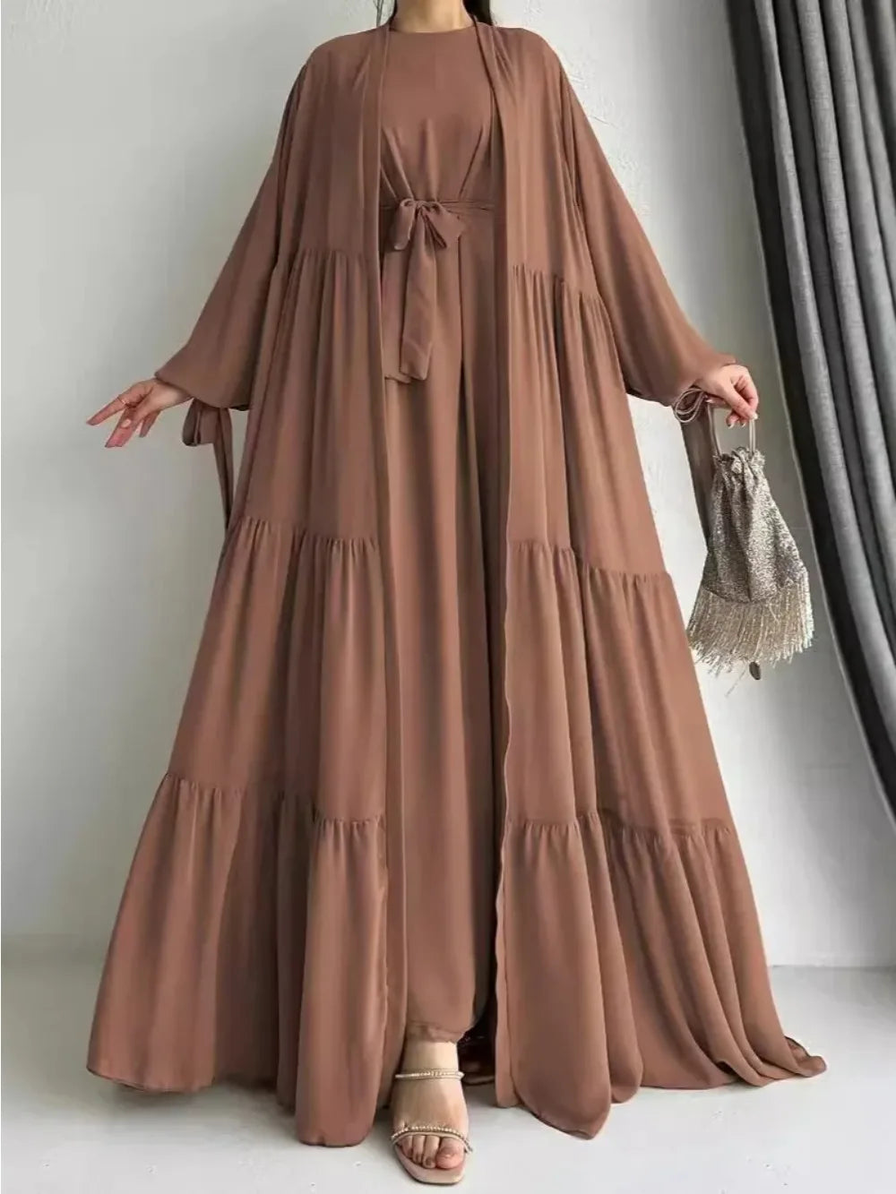 Ensemble 2 pièces robes modestes manteau long ceintures dubaï saoudien marocain onFocus abayas Ramadan