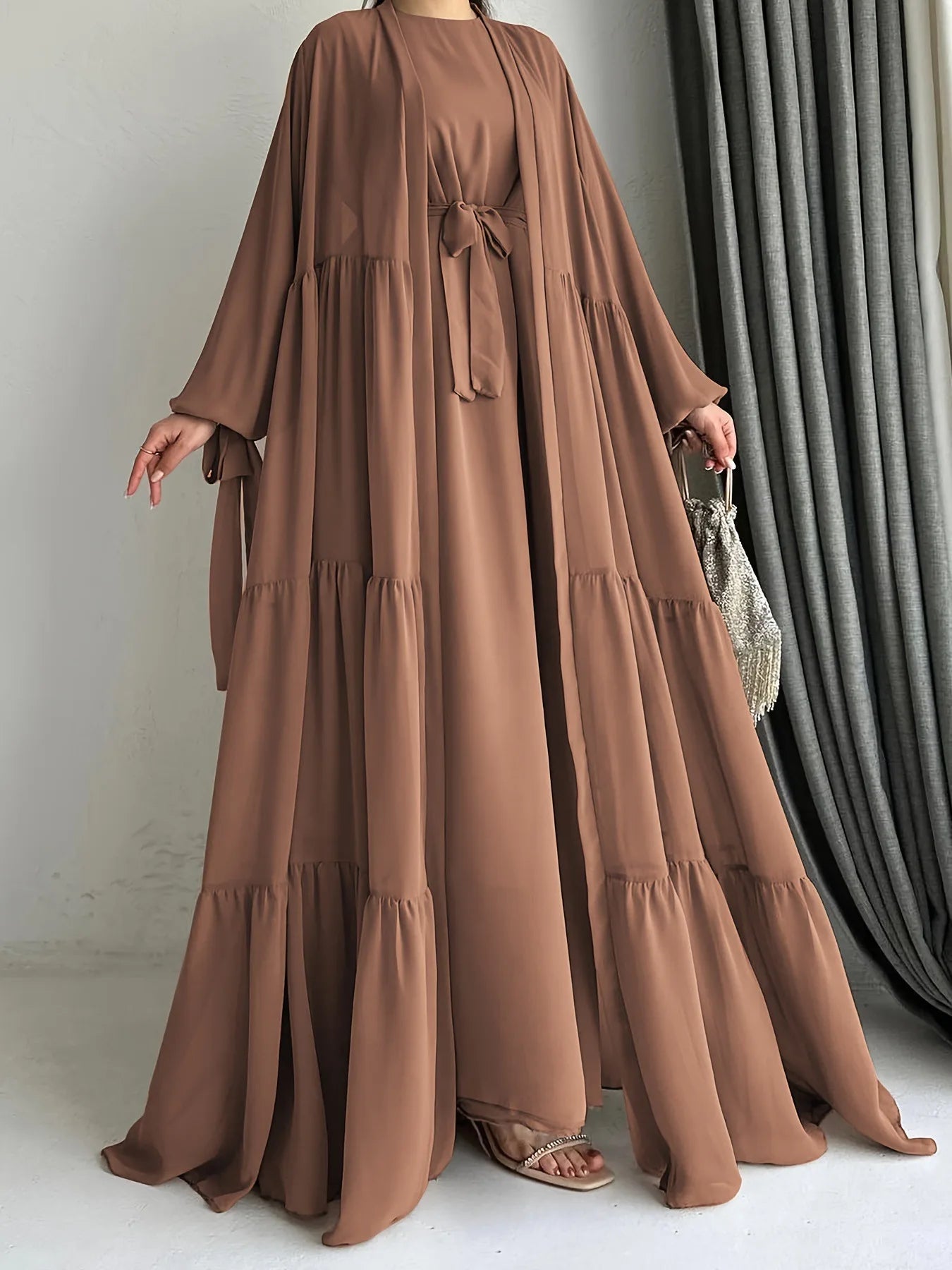 Ensemble 2 pièces robes modestes manteau long ceintures dubaï saoudien marocain onFocus abayas Ramadan