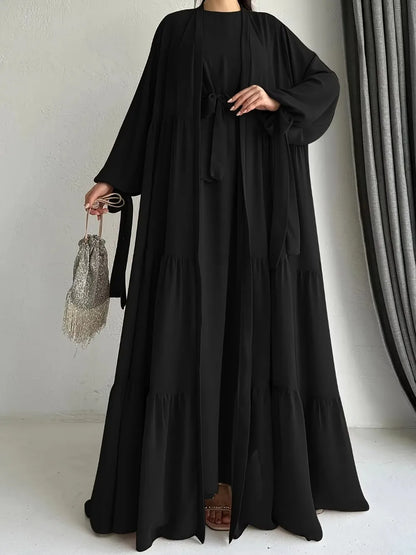 Ensemble 2 pièces robes modestes manteau long ceintures dubaï saoudien marocain onFocus abayas Ramadan