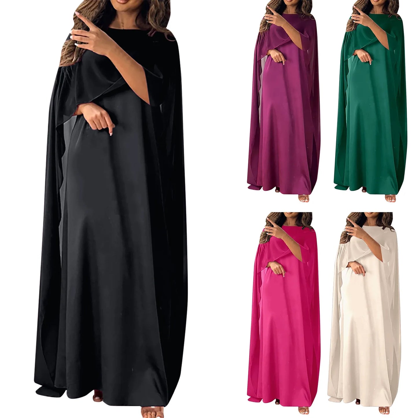 Robe musulmane en satin pour femme, manches longues chauve-souris, vêtements islamiques élégants