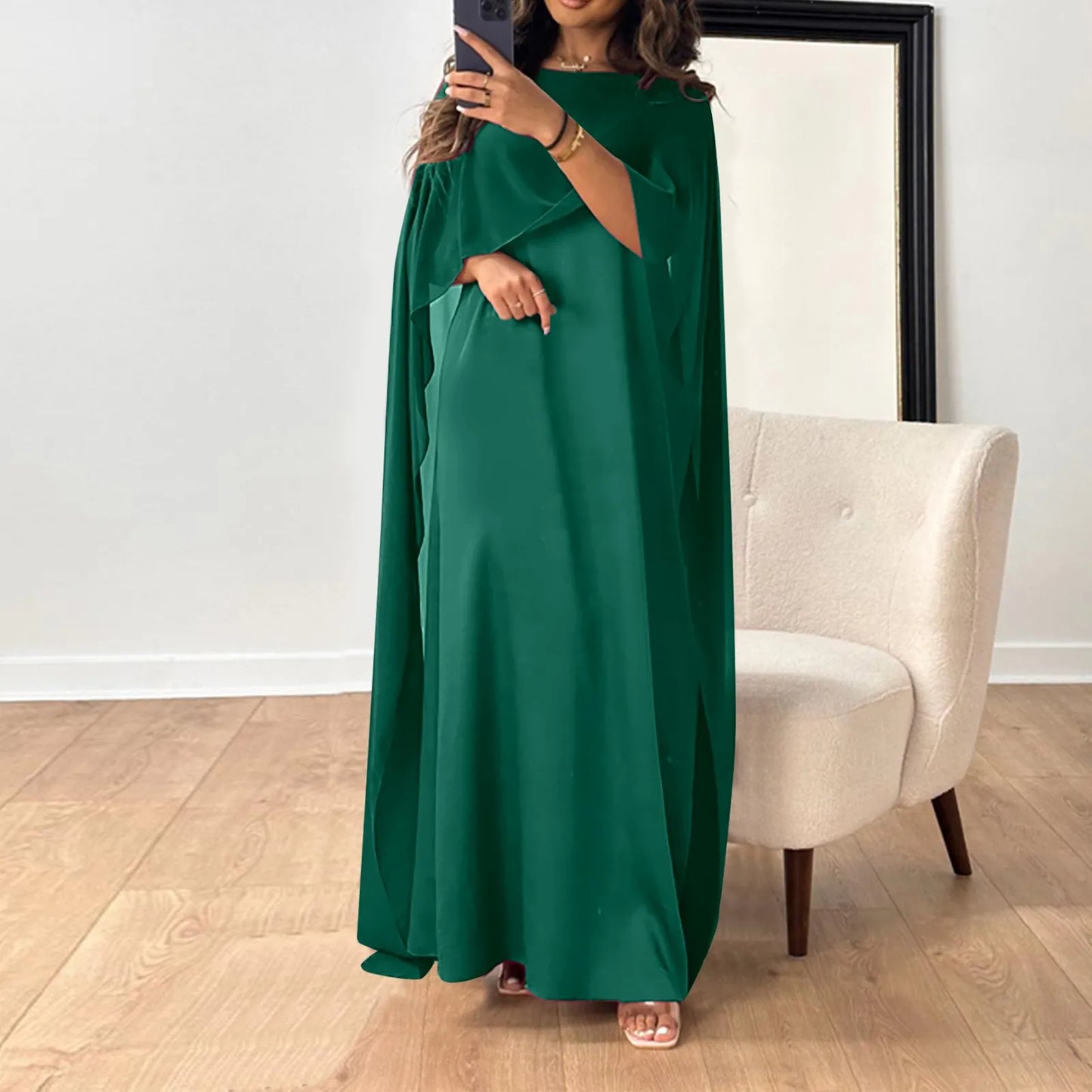 Robe musulmane en satin pour femme, manches longues chauve-souris, vêtements islamiques élégants