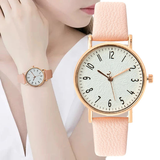 Montre à quartz numérique pour dames avec bracelet en cuir rose - Look décontracté et élégant