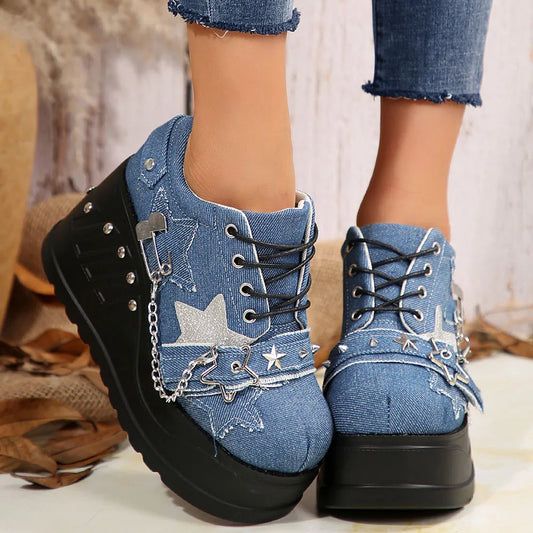 Plateforme Chunky Punk Wedges Denim pour femmes, chaussures gothiques, JOFashion