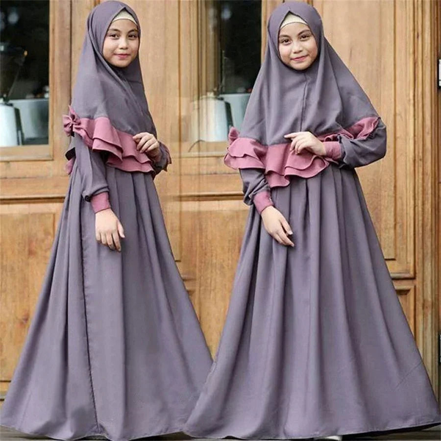 Robe Longue pour Enfant, Ensemble Hijab Abaya Cascading Glitters