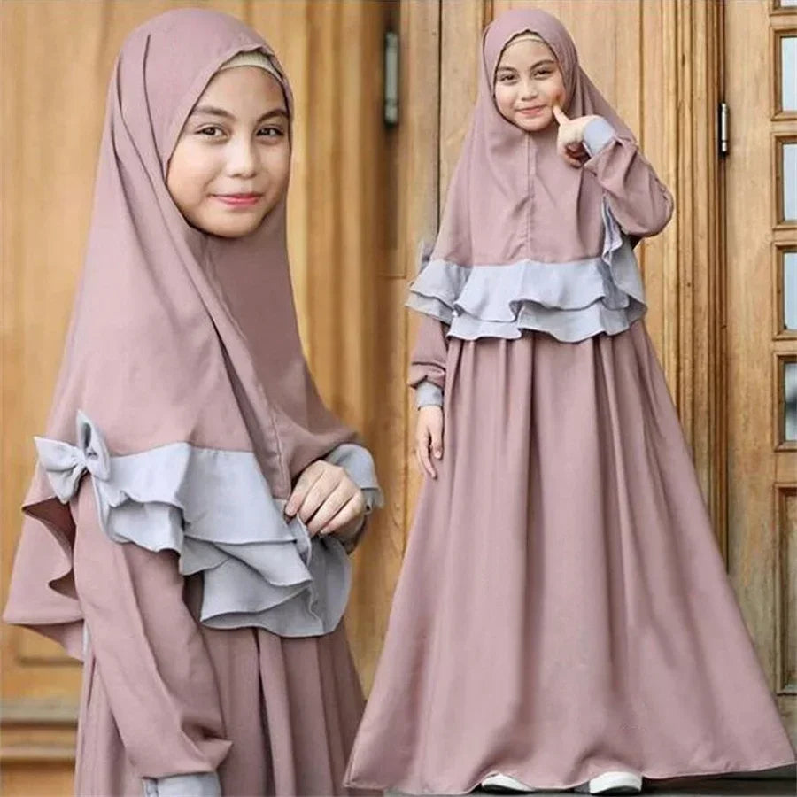 Robe Longue pour Enfant, Ensemble Hijab Abaya Cascading Glitters