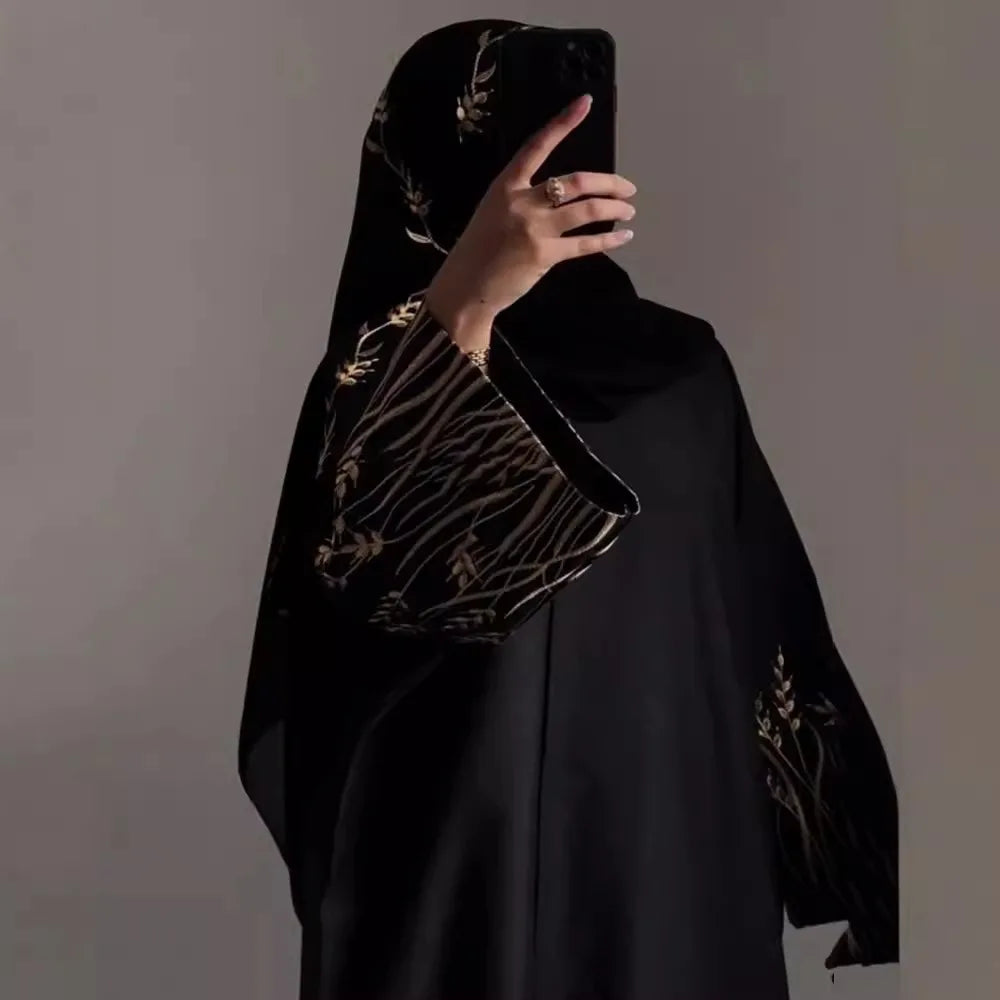 Robe Arabe Noire Brodée Or Sur Abaya, Écharpe Sauna 2024